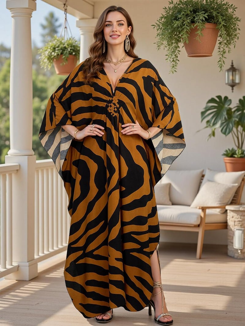IMAGEKOPE Women's Plus Size Animal Print V-Neck Batwing Kaftan Beach Dress Bathing Suit Cover-Up Loungewear - Image 4